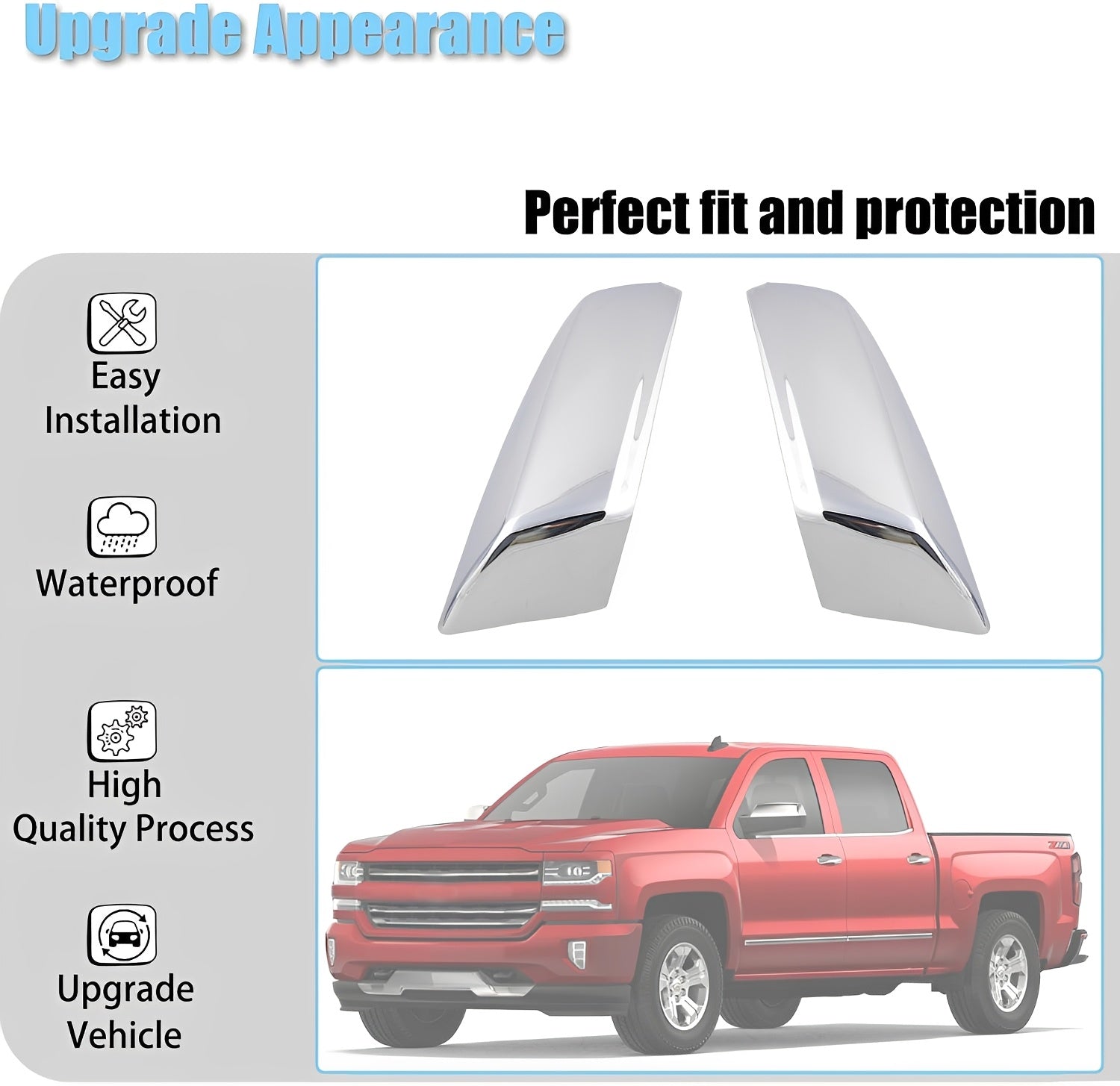 Chrome top half mirror caps with smooth, contoured shape for a secure fit