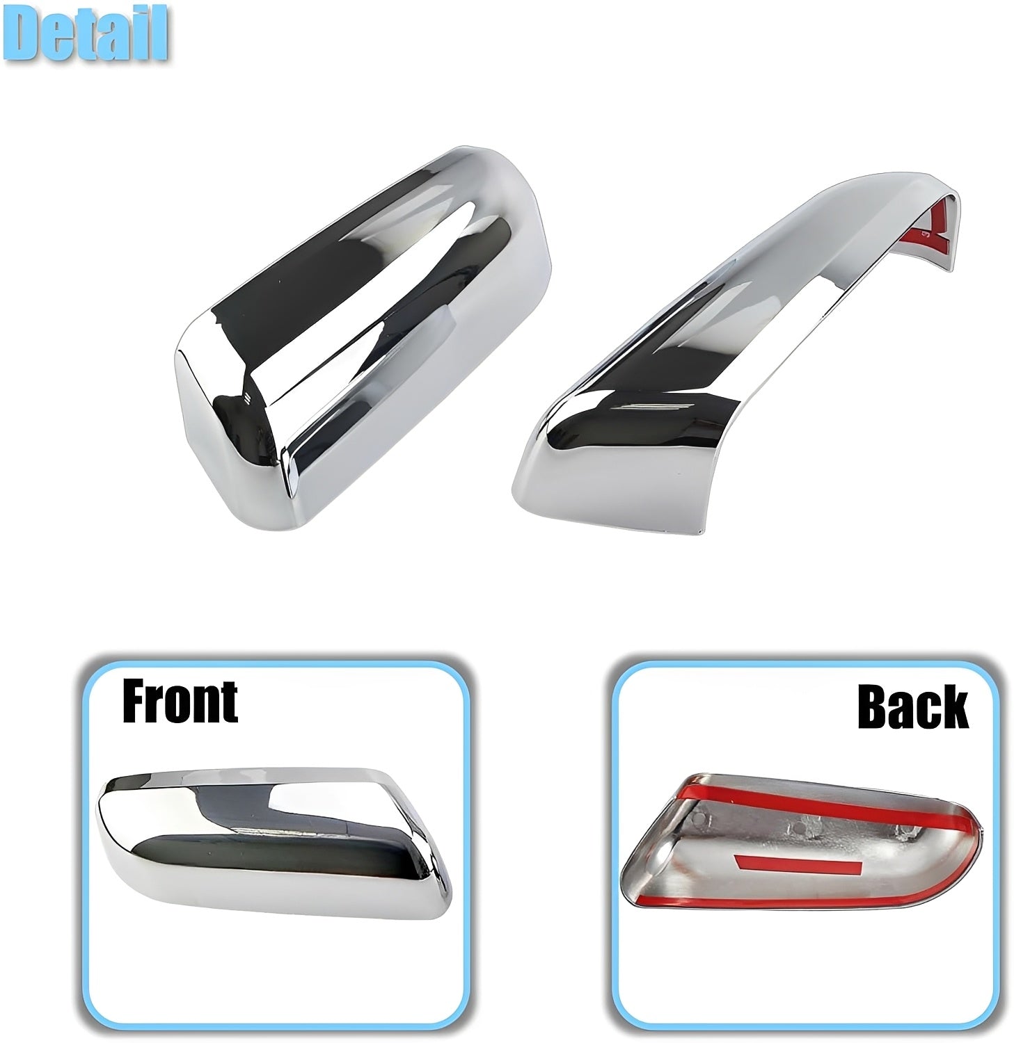 Chrome mirror cover caps, front and back views, with glossy black insert and red strip.
