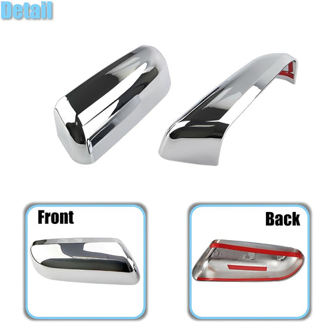 Chrome mirror cover caps, front and back views, with glossy black insert and red strip.