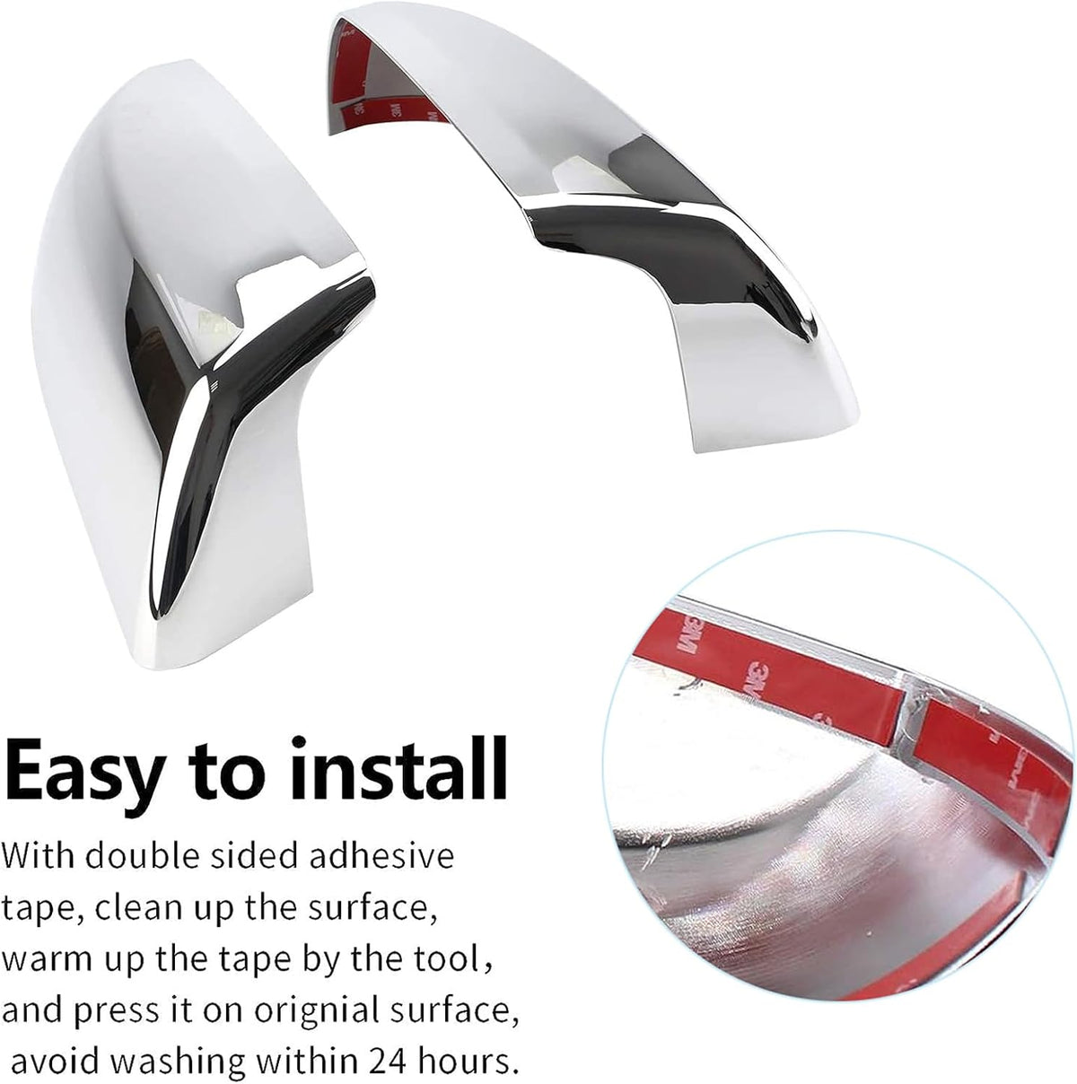 Chrome mirror cover set with black backing, curved cap shape