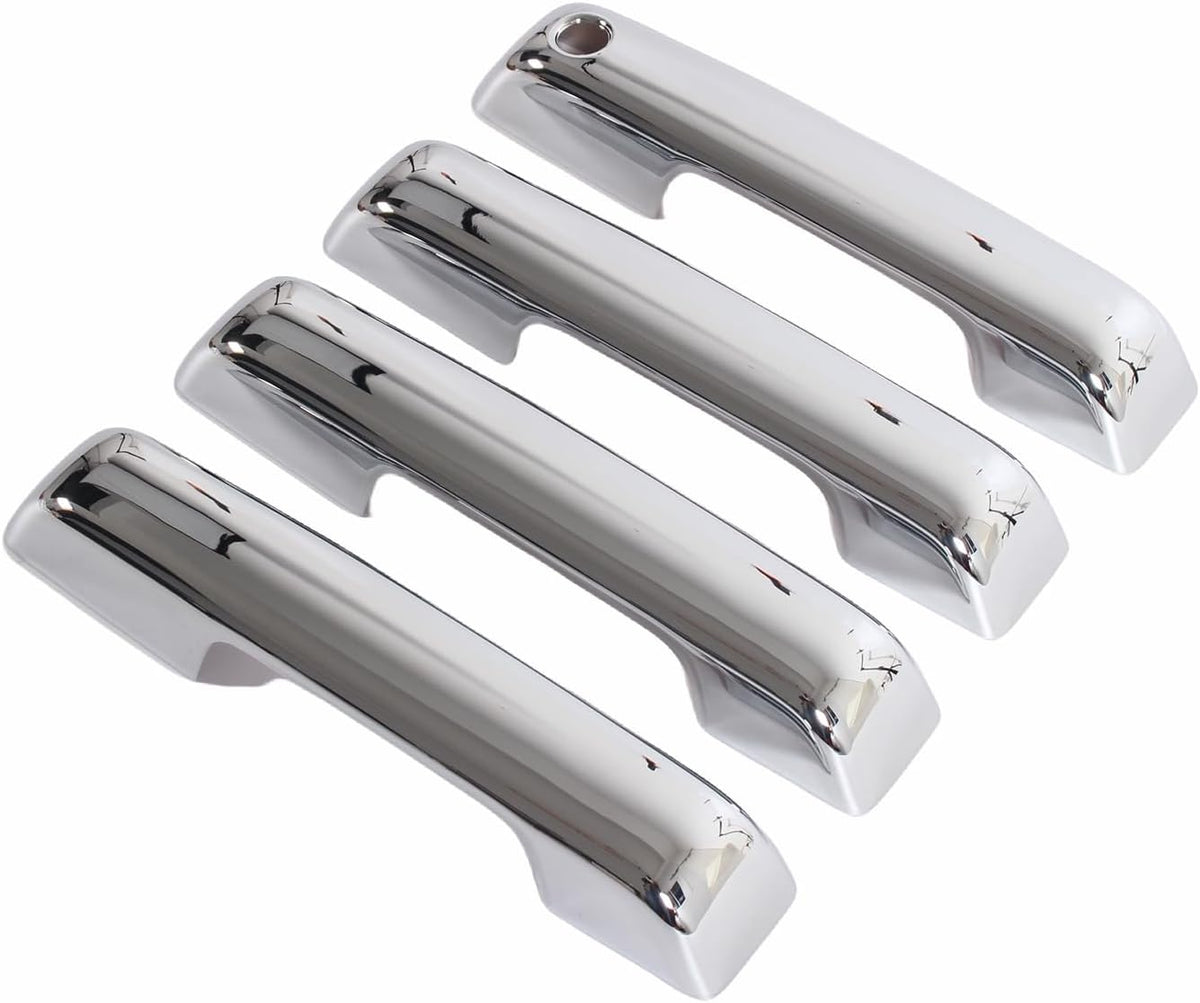 Chrome door handle bowl covers, glossy metal finish, 4-piece set.