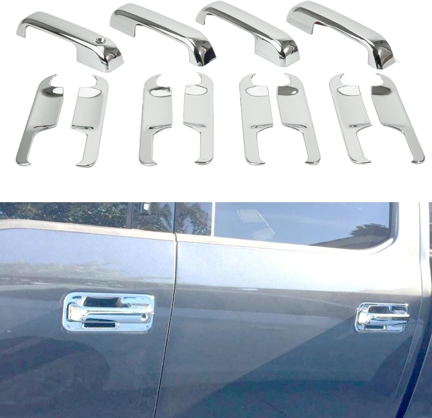 Chrome door handle bowl covers with matching clips, multiple pieces shown.