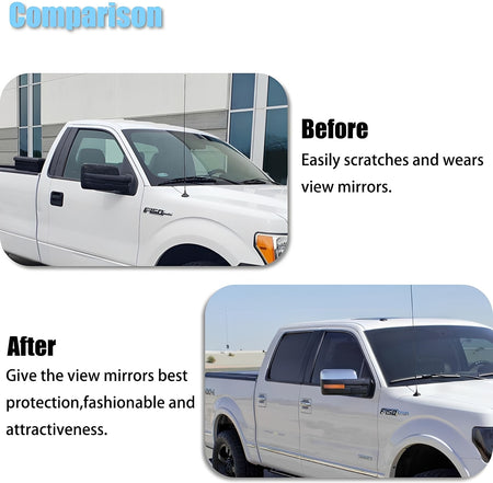 Chrome mirror cover caps installed on a white pickup, covering side mirror housings.