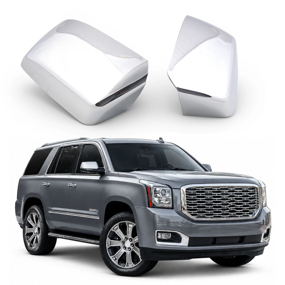 Chrome side mirror cover caps, glossy reflective pair with beveled edges