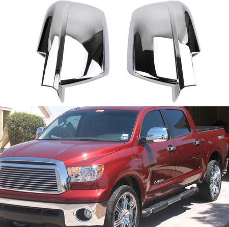 Chrome side mirror cover caps with glossy reflective finish, two-piece set