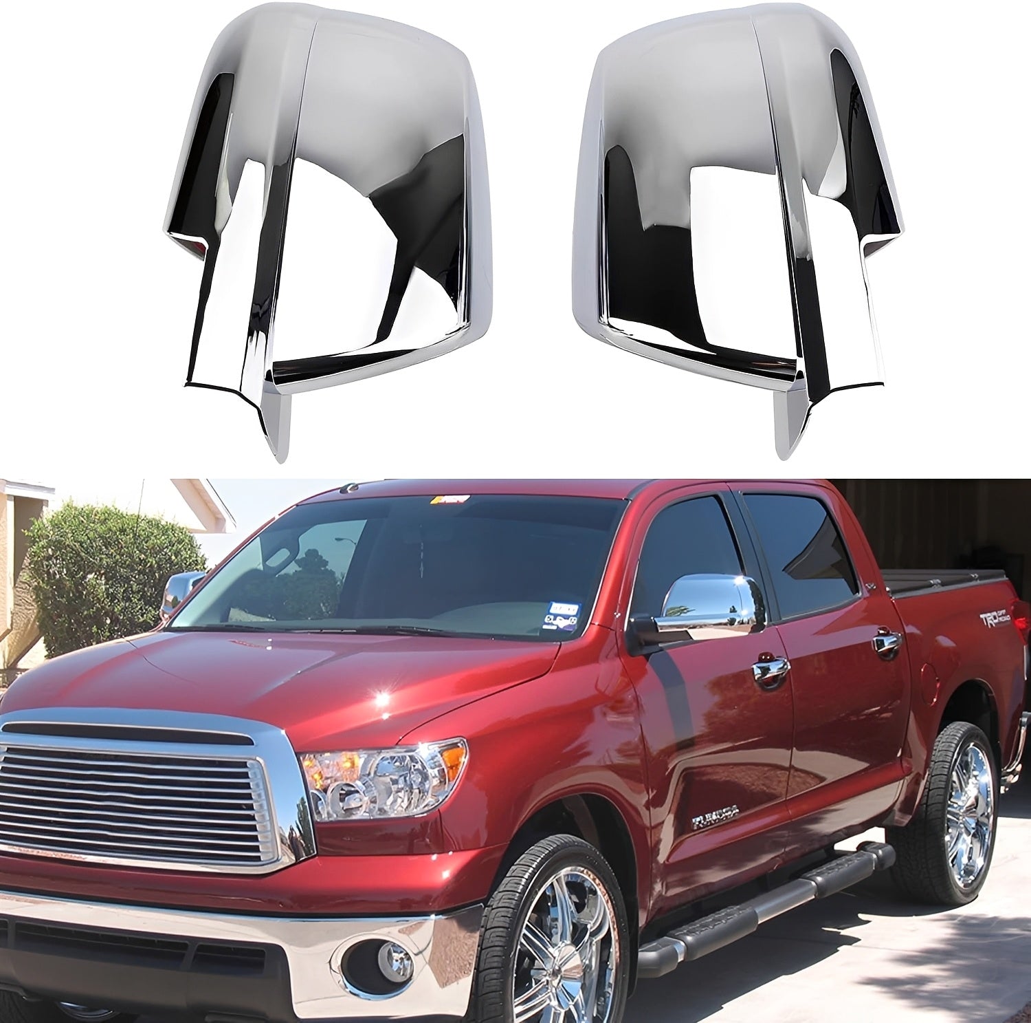 Chrome full mirror cover caps mounted on side mirrors of a red pickup truck