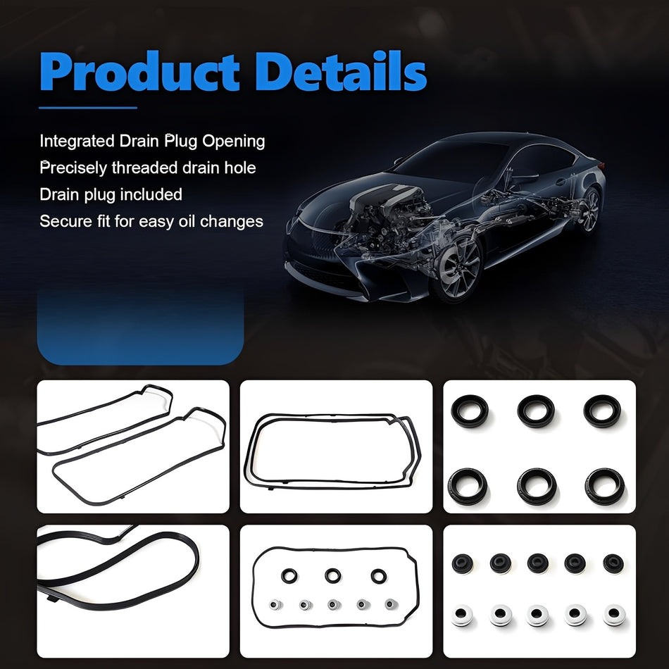 Valve cover gasket set with seal O-rings and gaskets shown on a parts layout