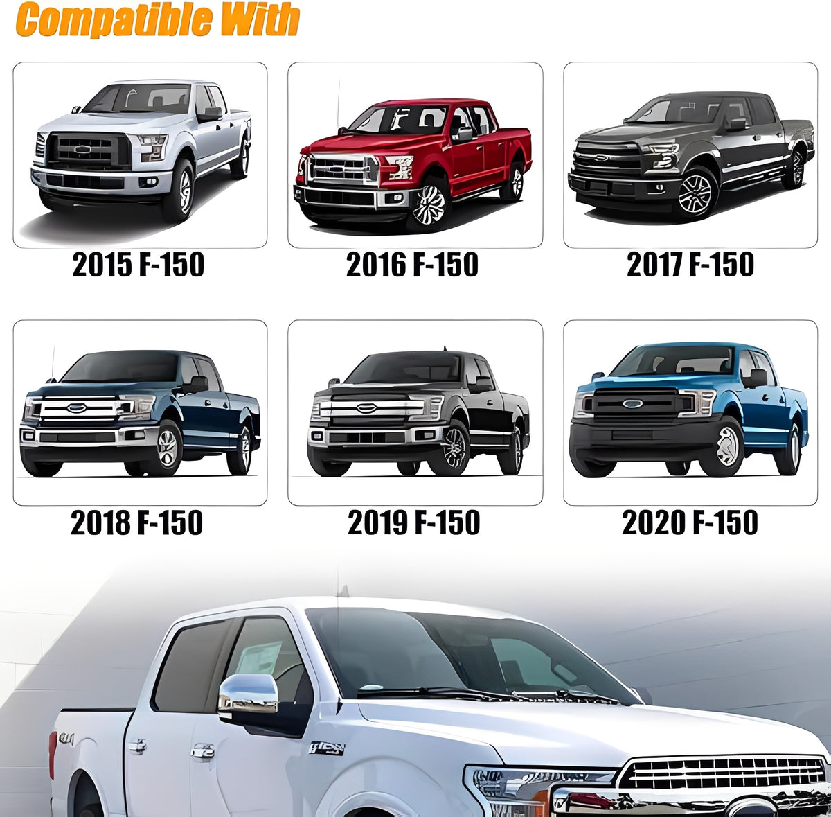 Chrome mirror covers shown on multiple F-150 model year pickups