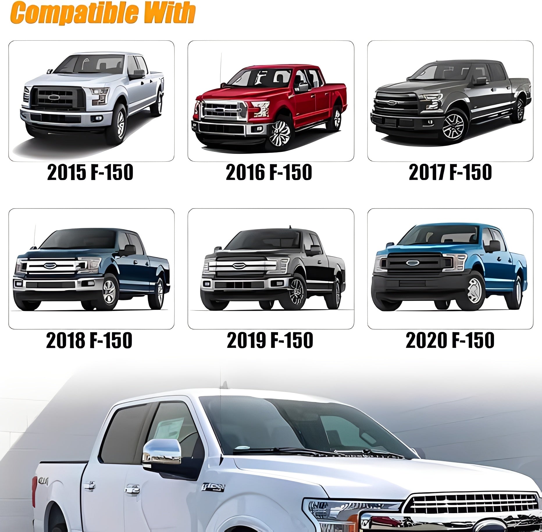 Chrome mirror covers shown on multiple F-150 model year pickups