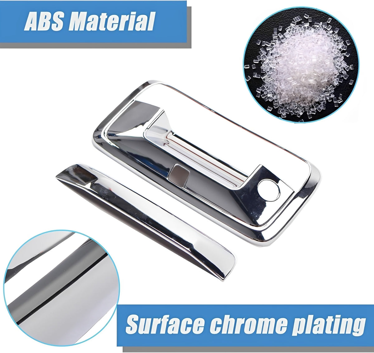 ABS chrome-plated tailgate handle cover with reflective finish and round side hole.