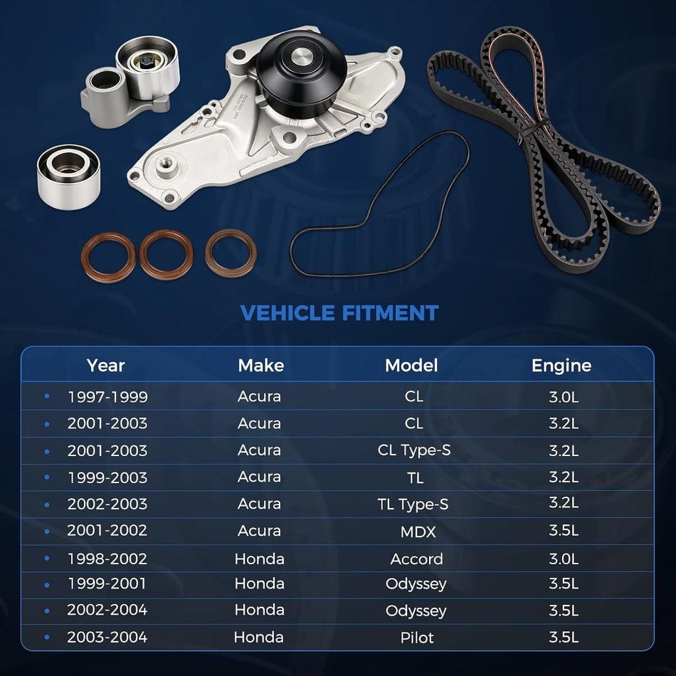 Timing belt kit with water pump and seals, including belt, pulleys, and o-rings