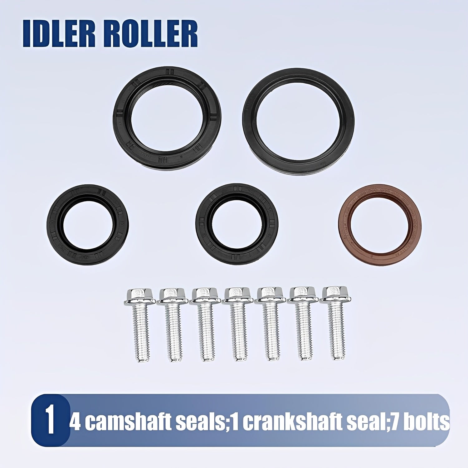 Idler roller seal kit with four black seals, one brown seal, and bolts