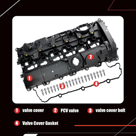 Engine valve cover assembly with gasket and bolts, black engine cover housing