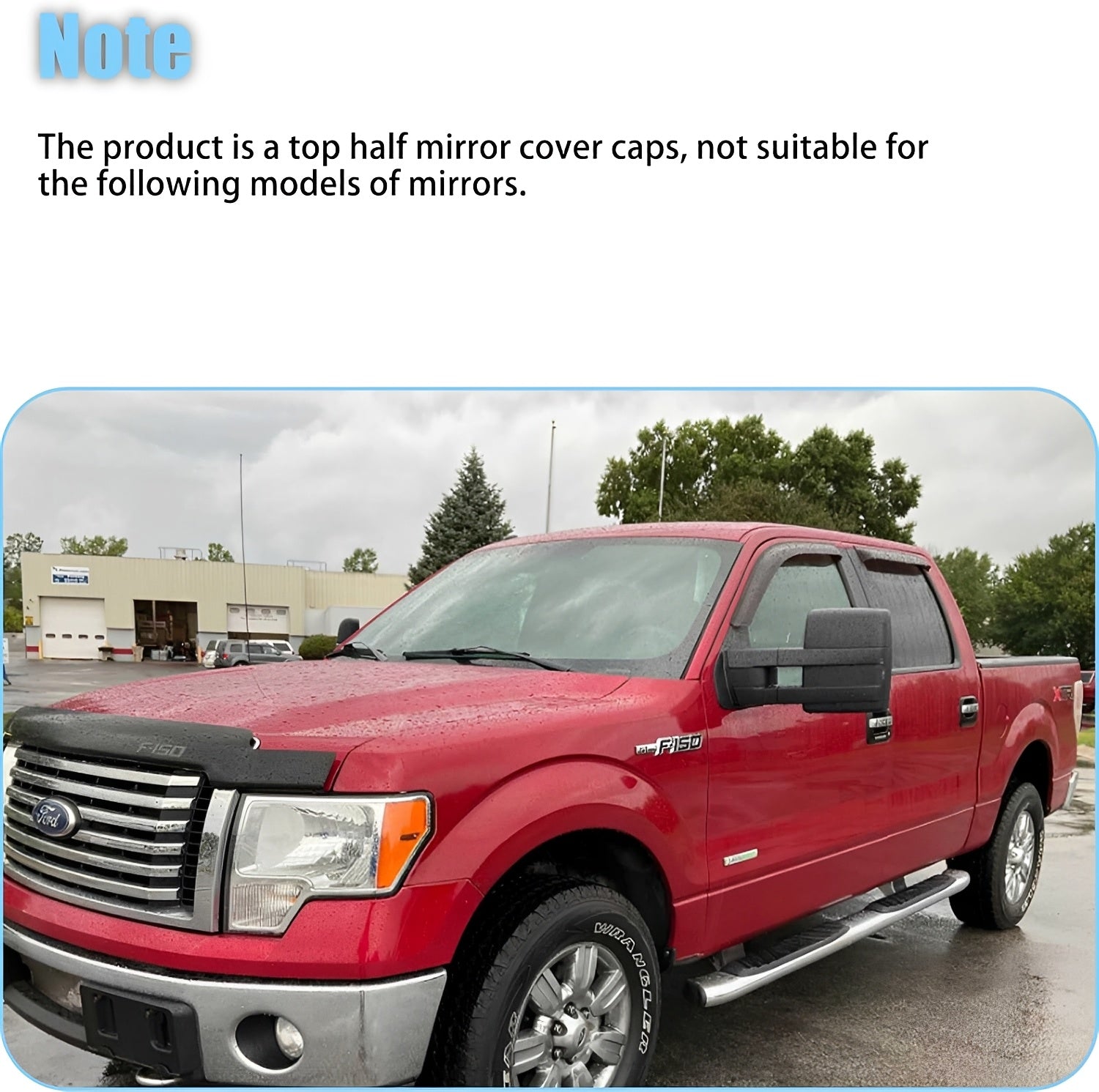 Chrome half mirror cover caps installed on a red pickup side mirror with amber strip.