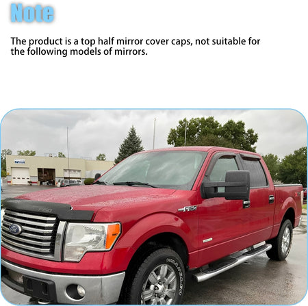 Chrome half mirror cover caps installed on a red pickup side mirror with amber strip.