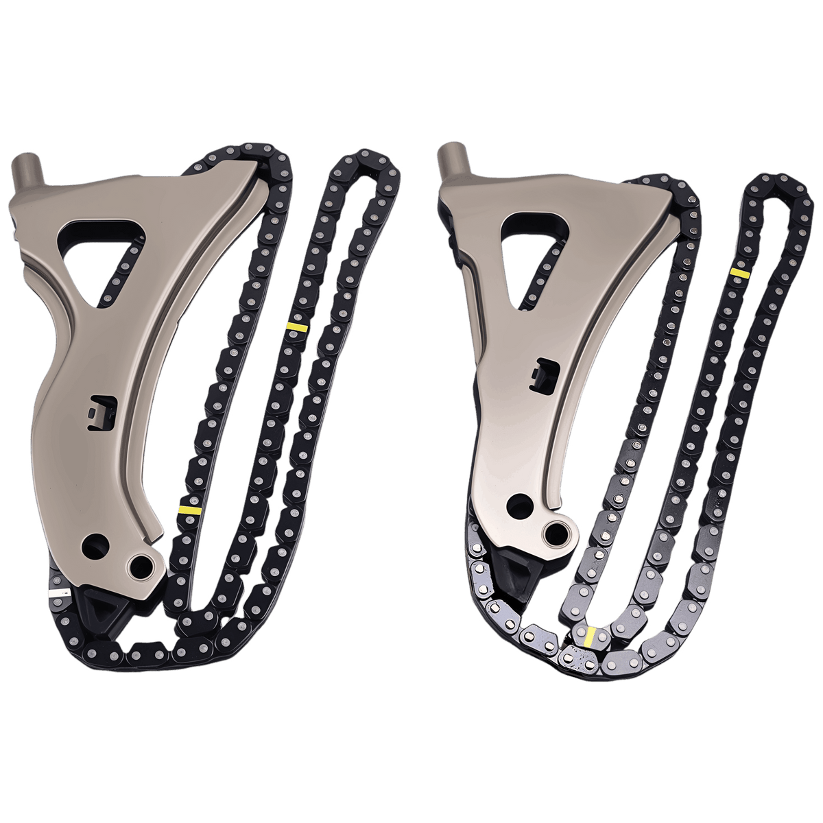 Timing chain guide rails set with attached roller chains and sprocket plates
