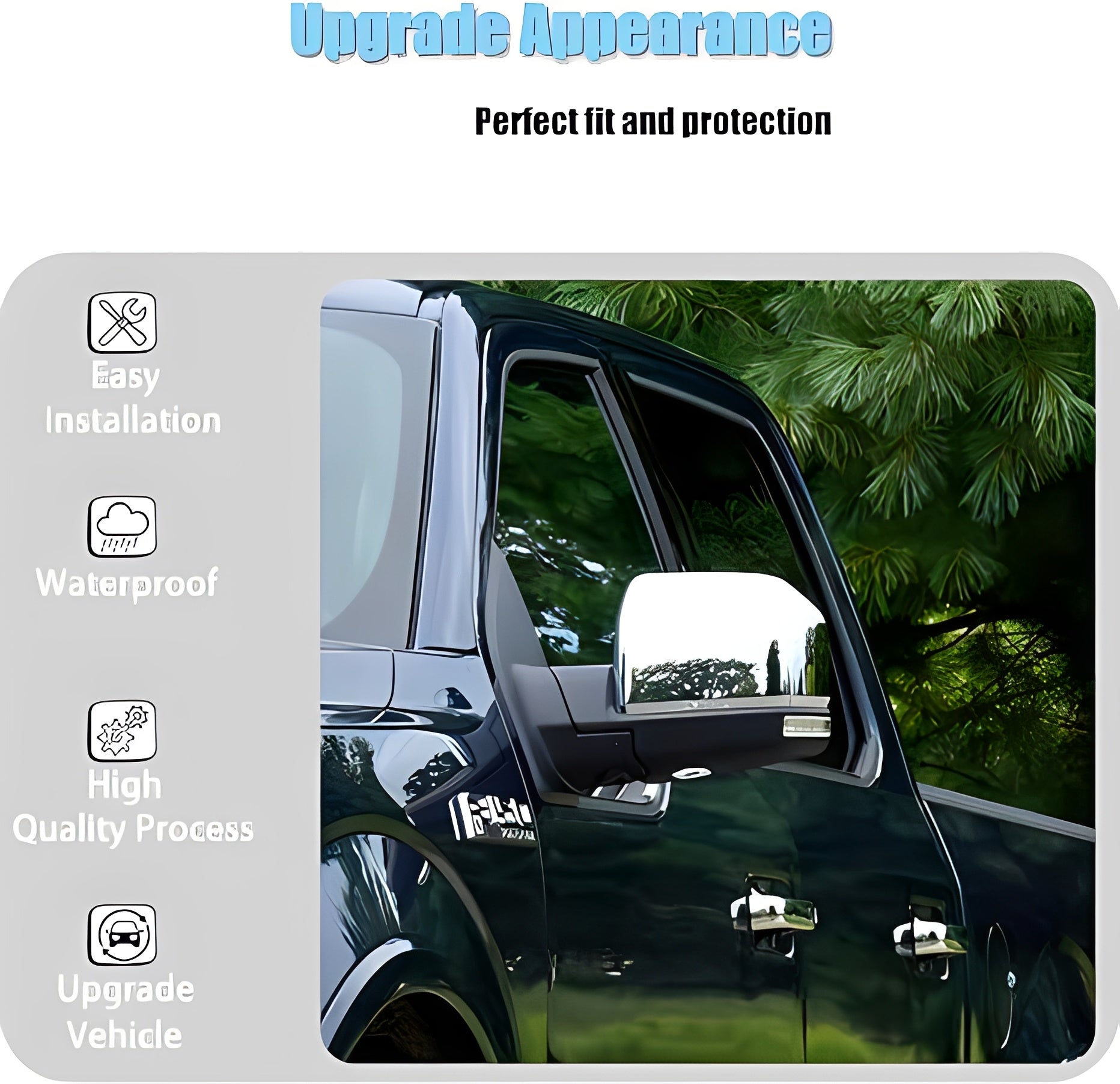 Chrome mirror covers installed on a white pickup’s side mirrors