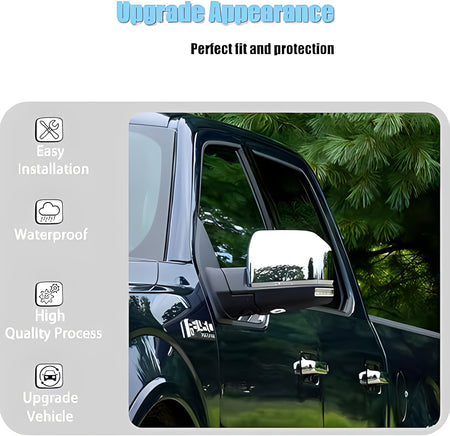 Chrome mirror covers installed on a white pickup’s side mirrors