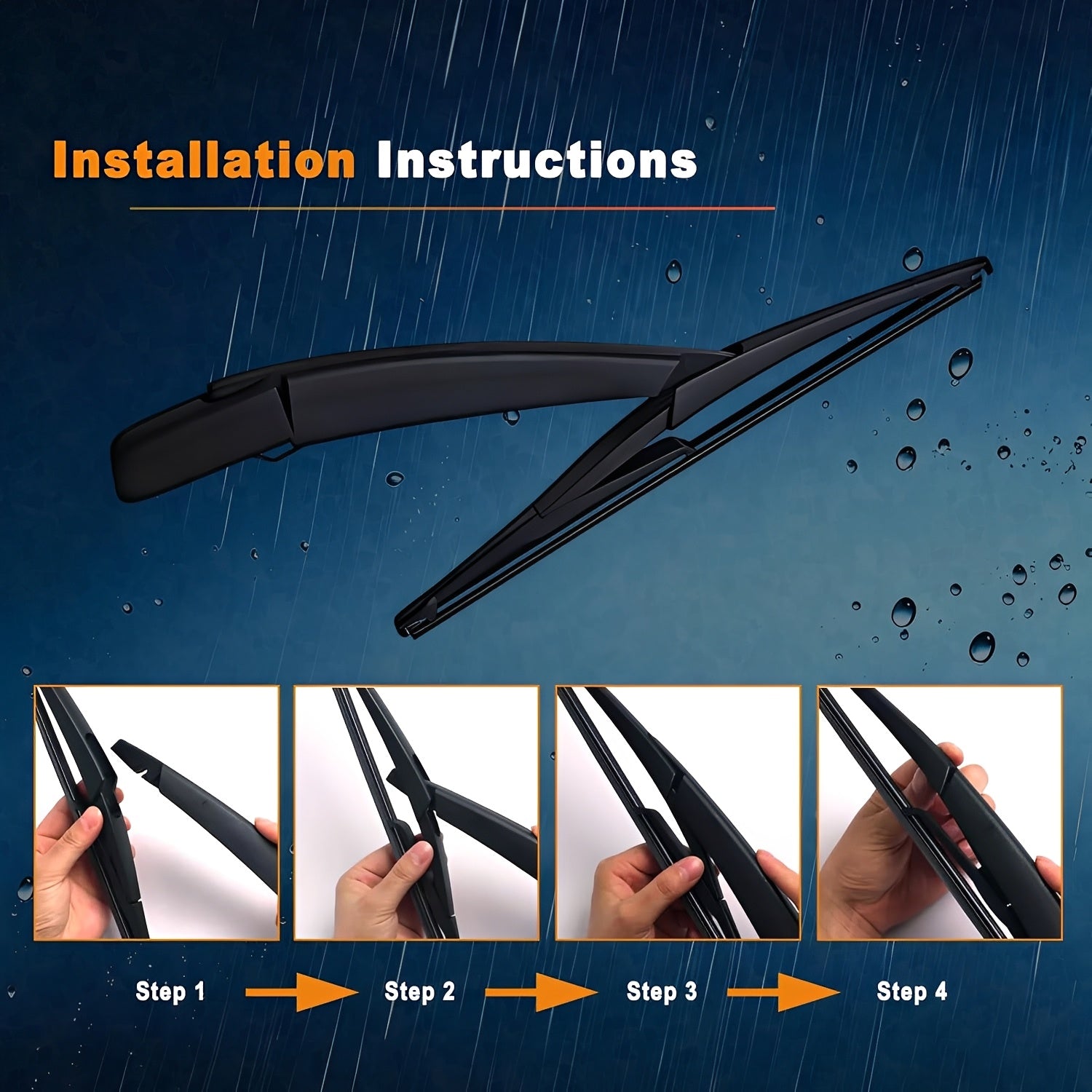 Black rear wiper blade with installation step sequence diagram