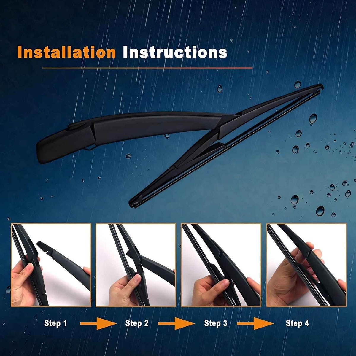 Rear wiper arm installation instructions with blade and arm shown
