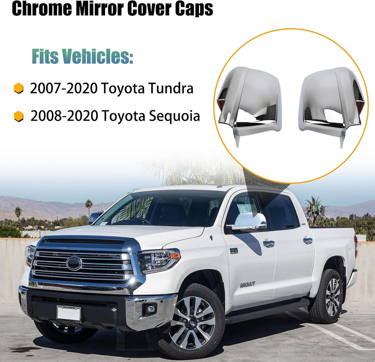 Chrome mirror cover caps for truck side mirrors, two-piece pair shown on a vehicle