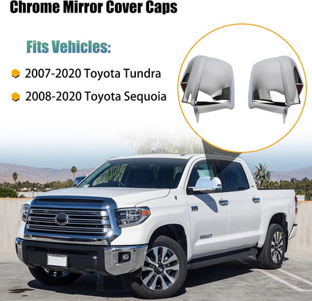 Chrome mirror cover caps for truck side mirrors, two-piece pair shown on a vehicle