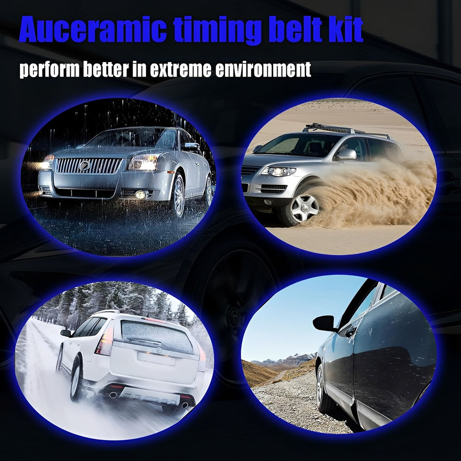 Timing belt kit with water pump for car engine, shown with vehicle and belt detail