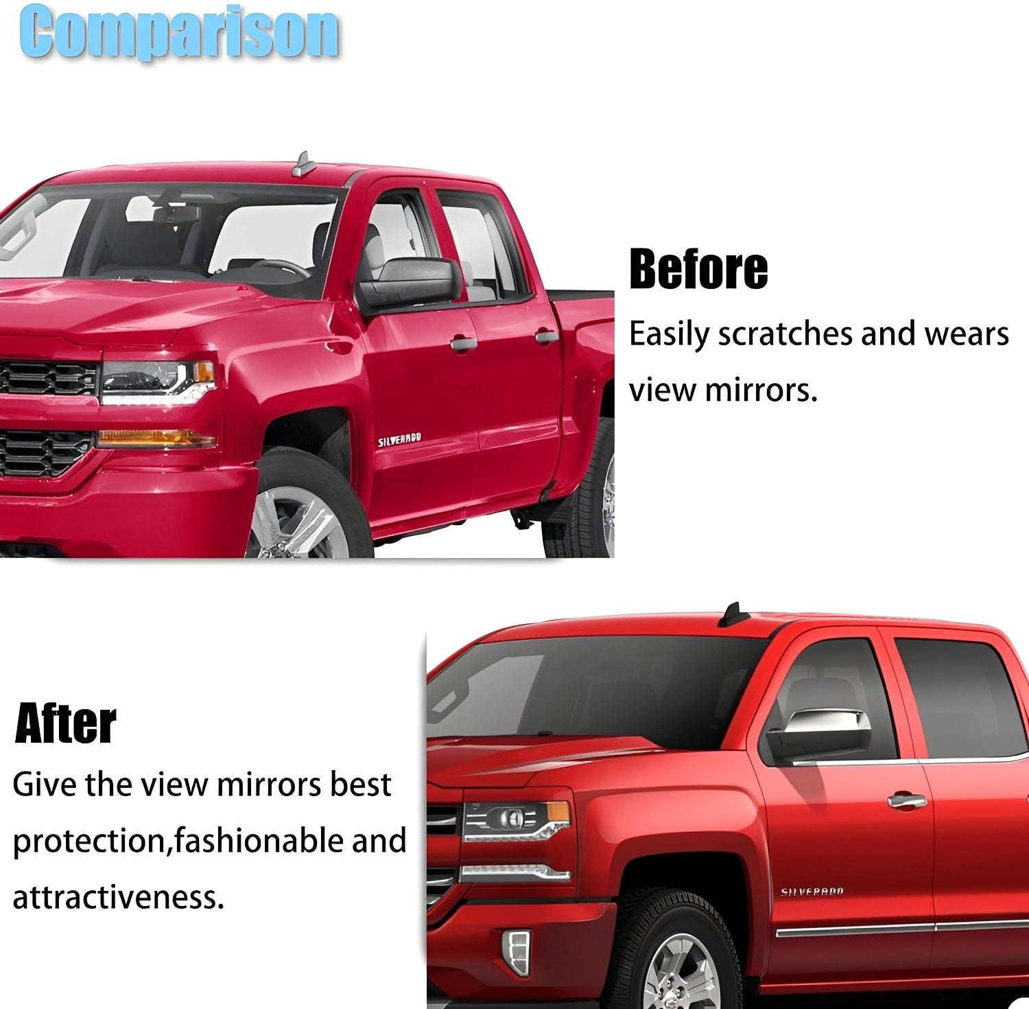 Chrome mirror cap pair for pickup side mirrors to help protect against scratches