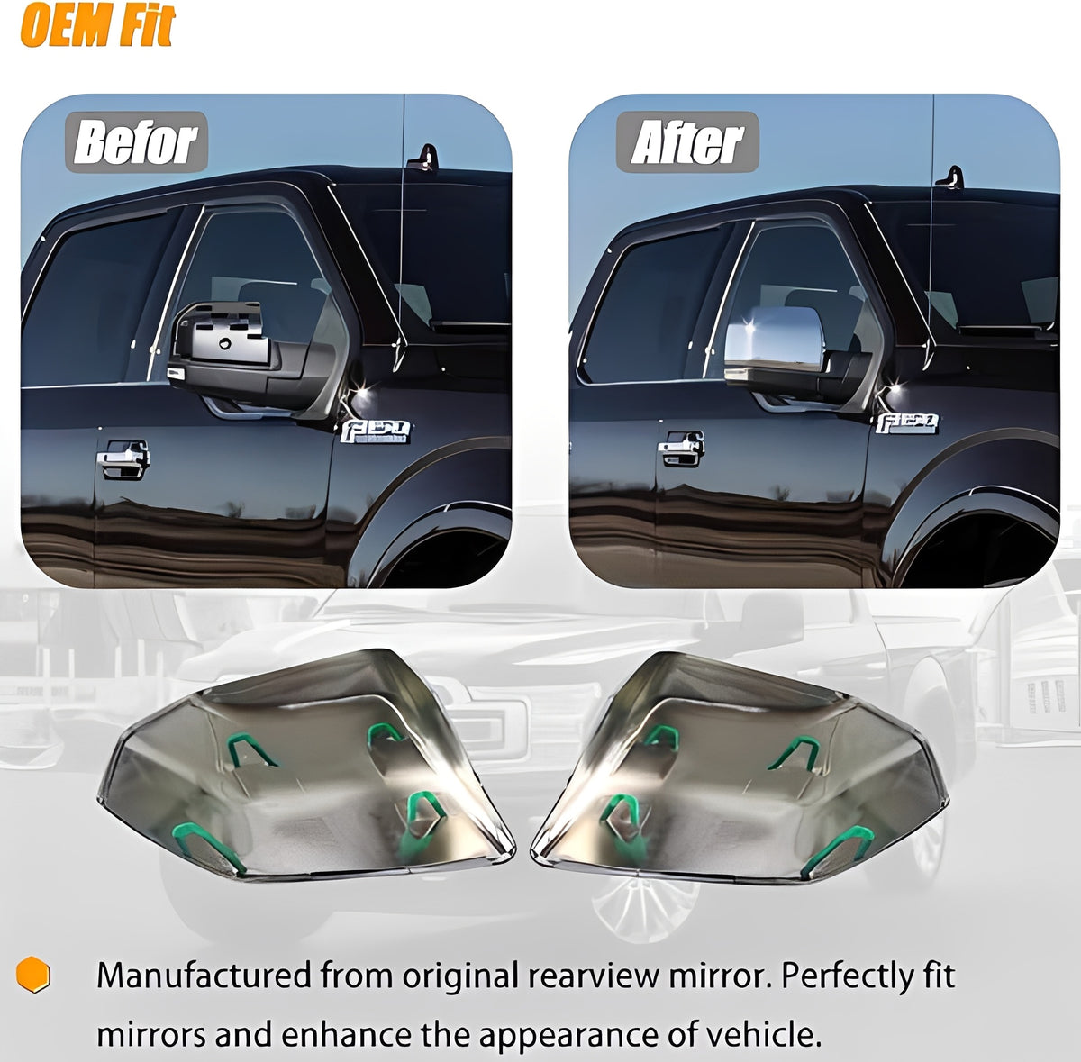Chrome side mirror covers, curved caps with mirror-like reflective coating