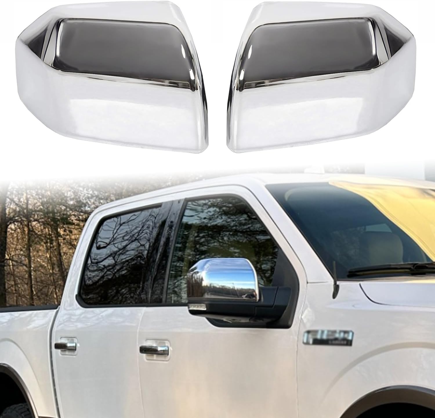 Chrome side mirror cover pair on white pickup, front angled view