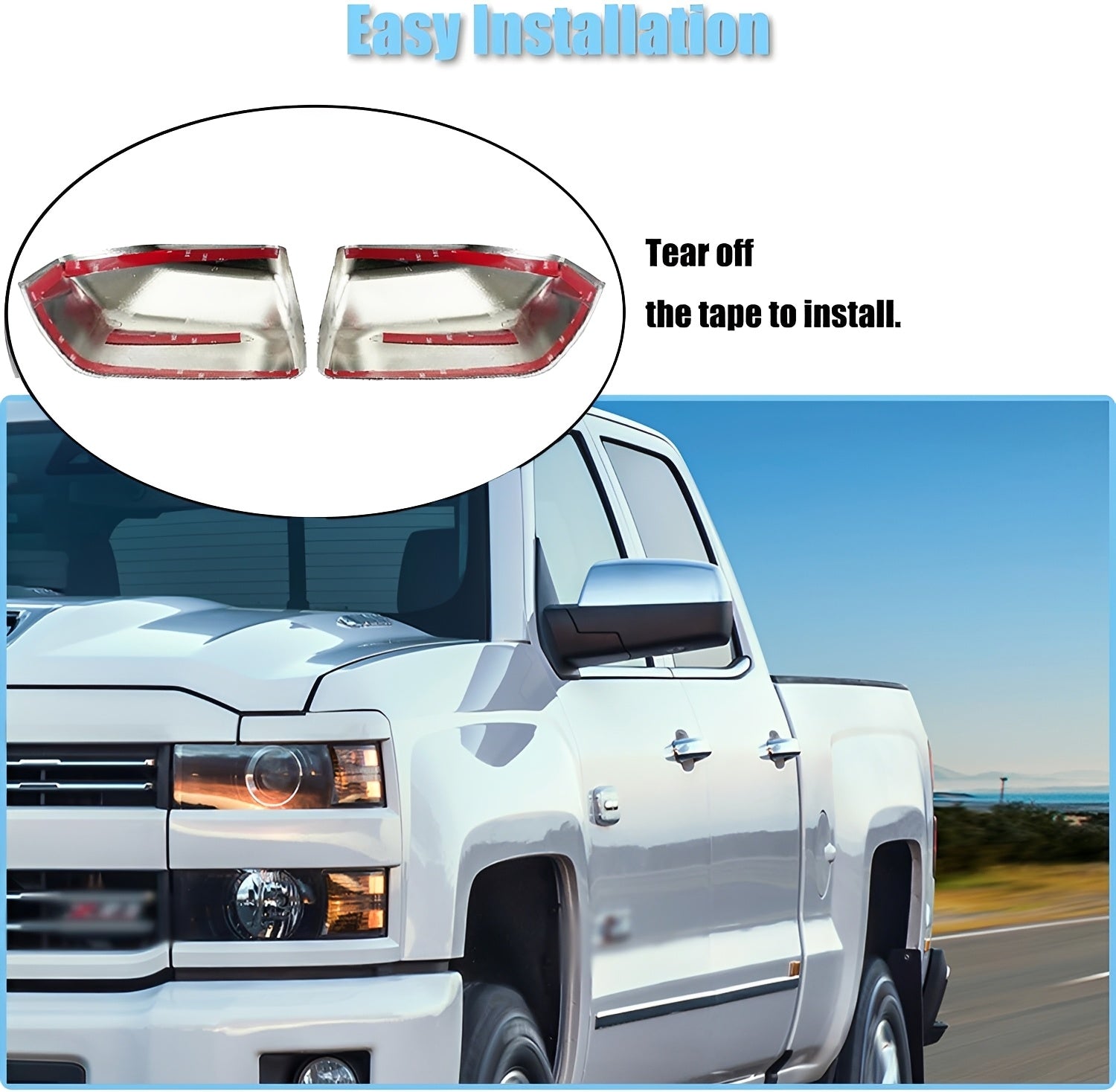 Chrome top half mirror cover pair shown on pickup side mirrors