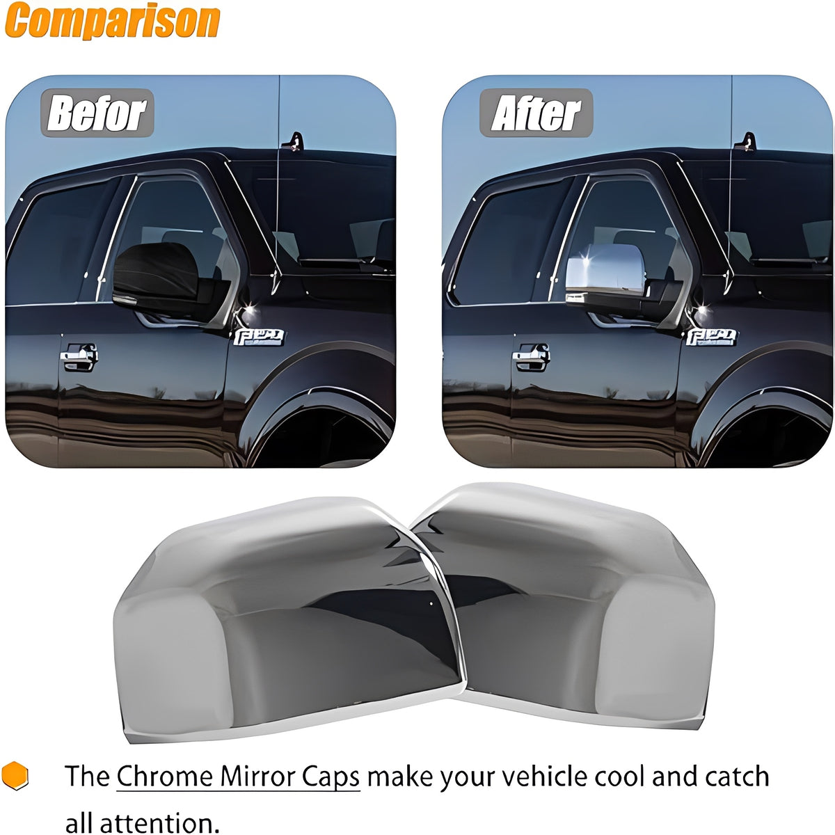 Chrome mirror cap covers, smooth reflective surfaces shown in two-piece view