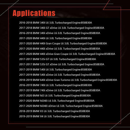 Valve cover applications chart for engine code B58B30A