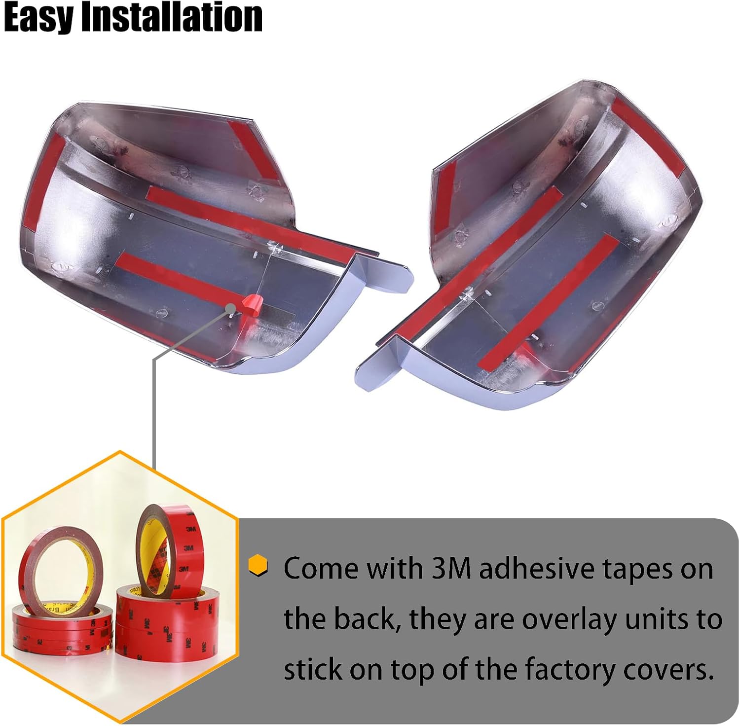 Chrome mirror cover caps with adhesive tape shown on back surfaces, pair