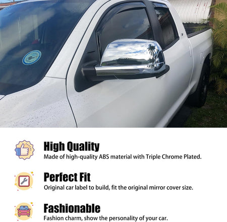 Chrome side mirror cover caps installed on a white pickup truck
