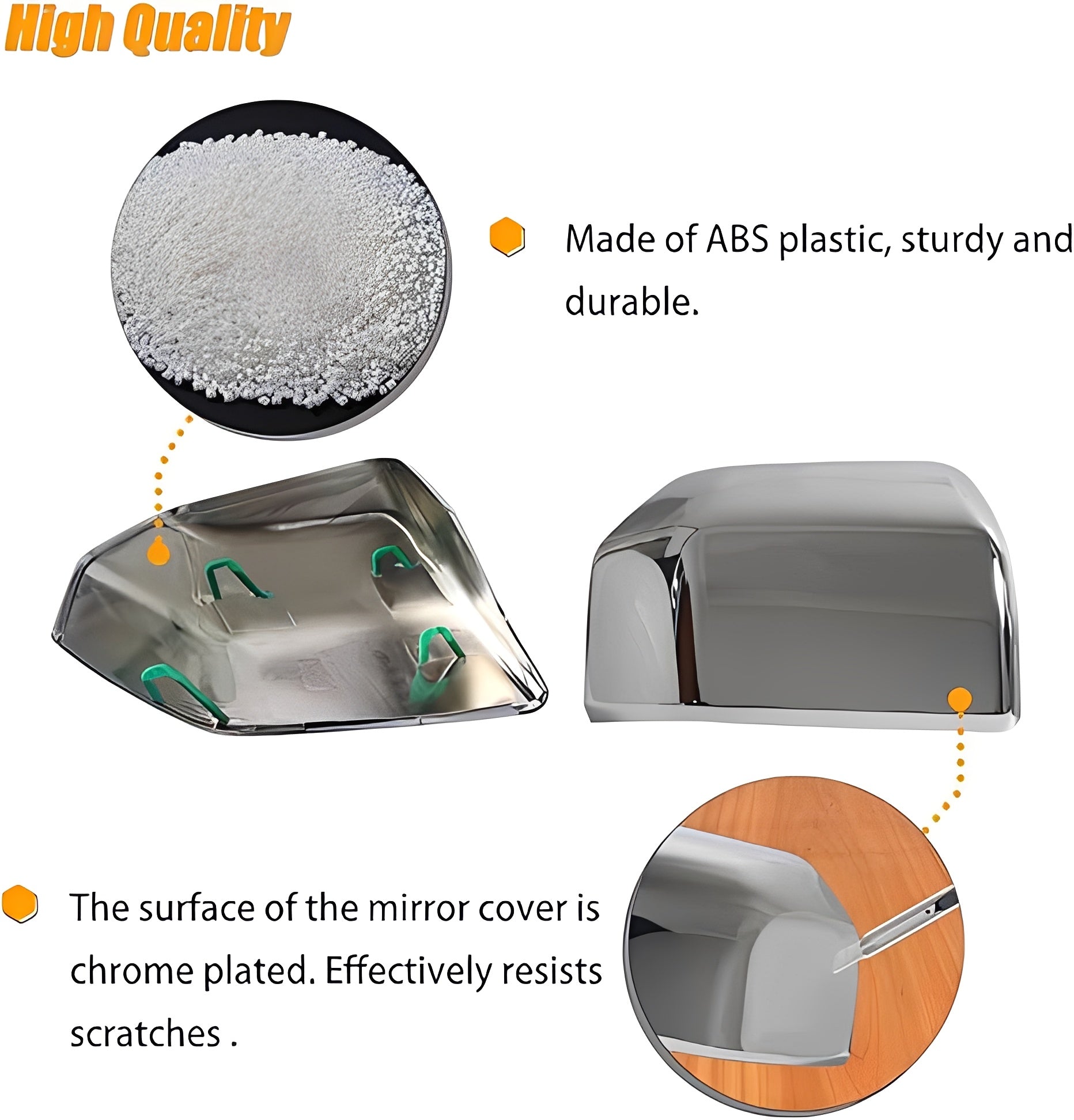 Chrome side mirror cover pair, reflective chrome finish on ABS plastic