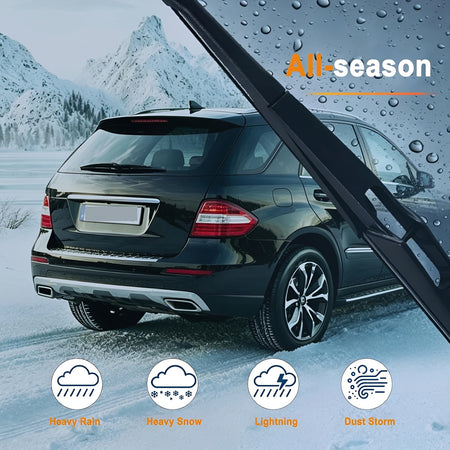 Black rear wiper blade installed on a vehicle rear window in rainy weather