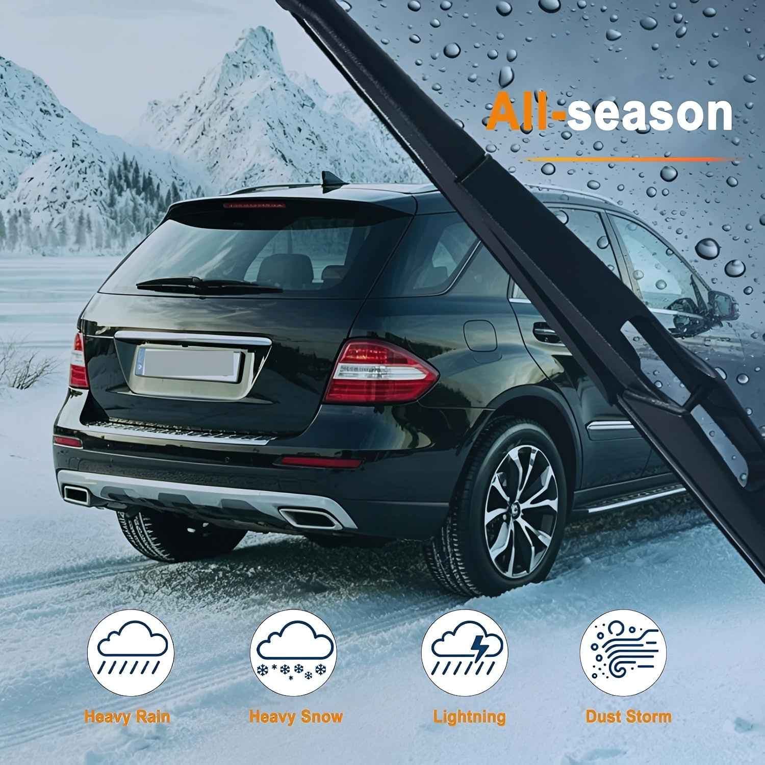 Rear wiper arm and blade on the rear window of a dark Mercedes SUV