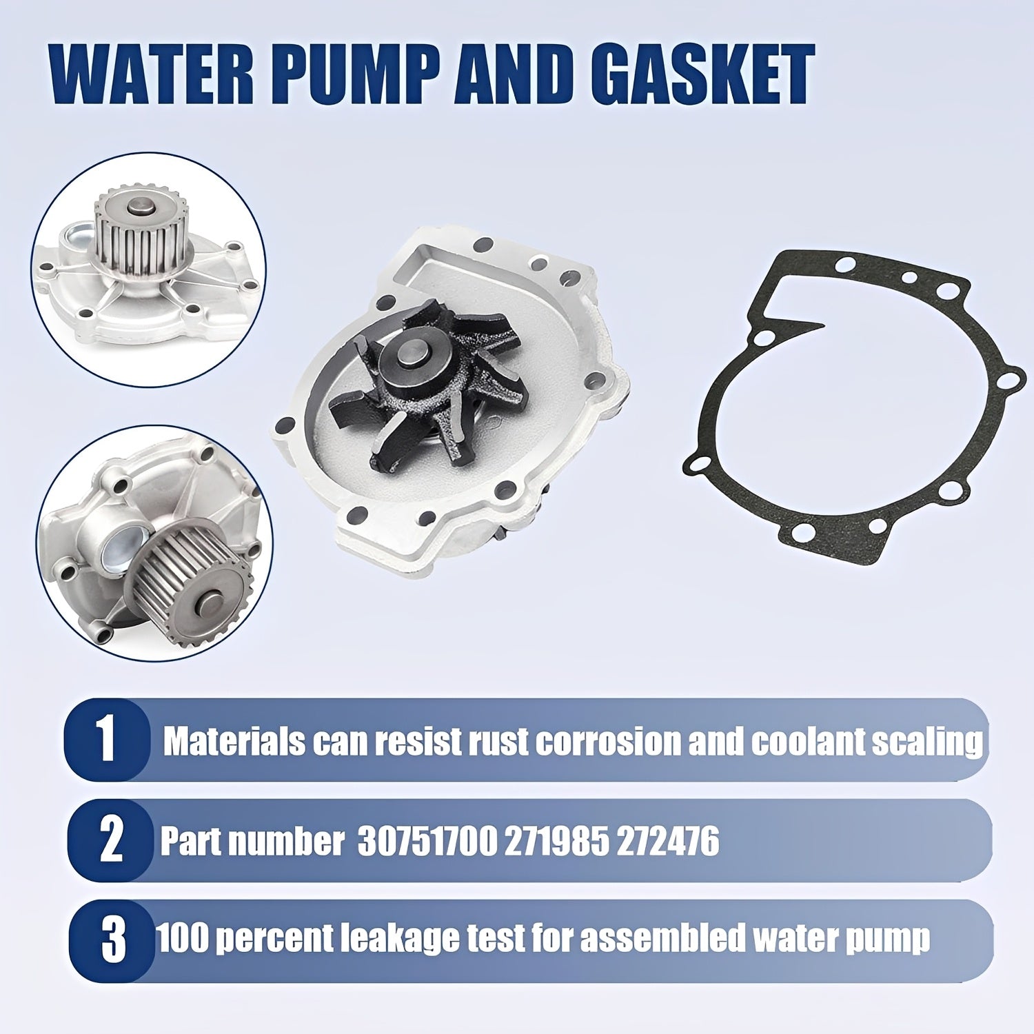 Water pump and gasket kit with pump housing, impeller, and paper gasket