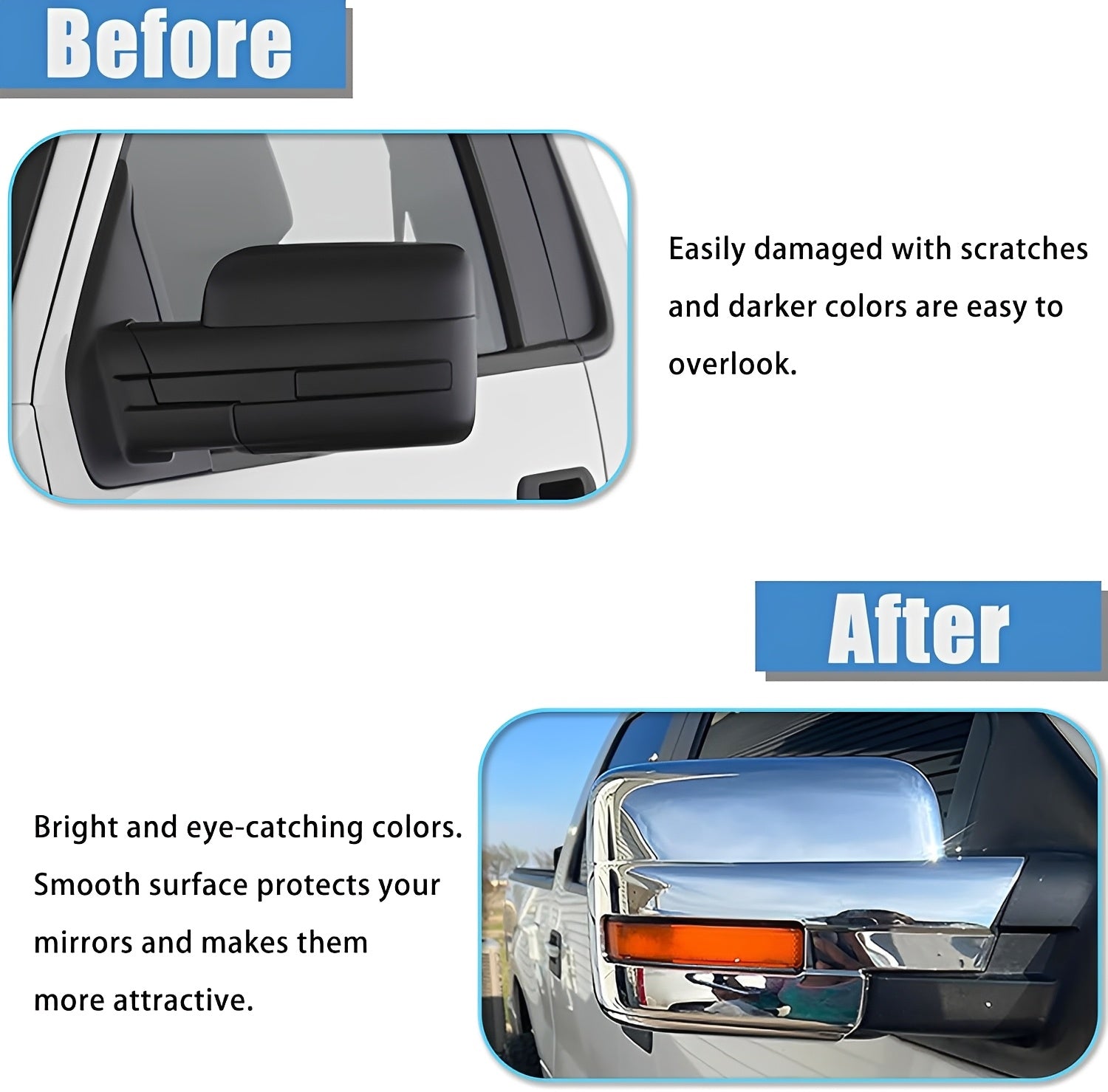 Chrome mirror cover caps installed on a blue pickup side mirror, with amber light strip.