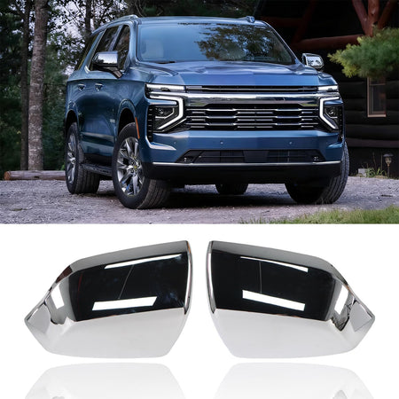 Chrome mirror covers with black mirror glass on SUV doors, front view