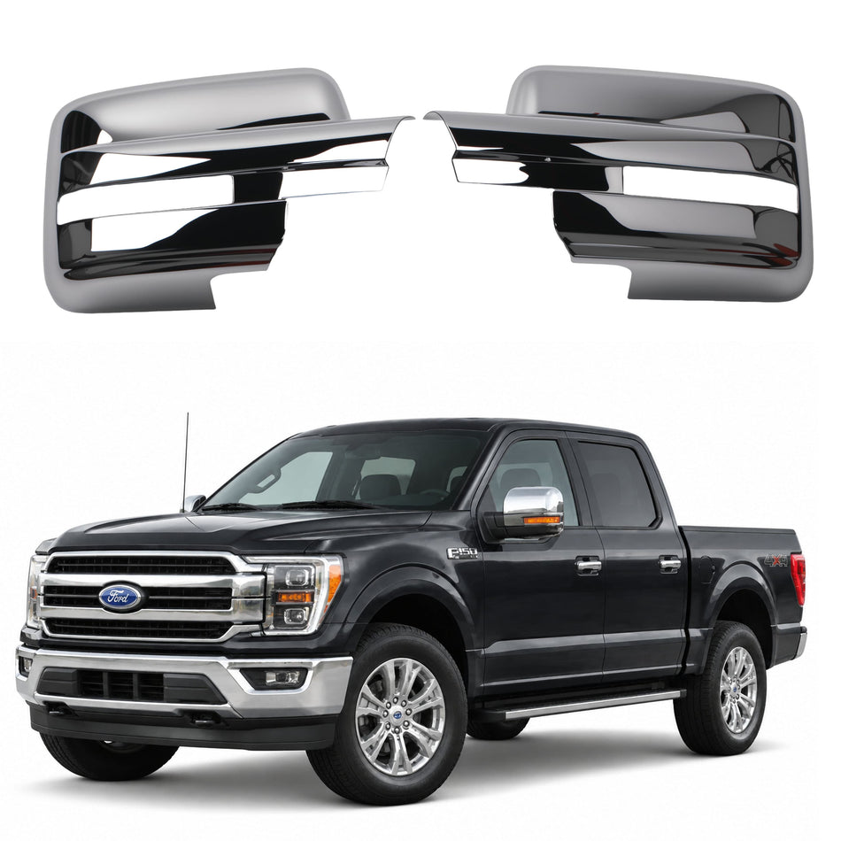Chrome mirror cover replacement overlays set, glossy reflective finish for F-150 mirrors
