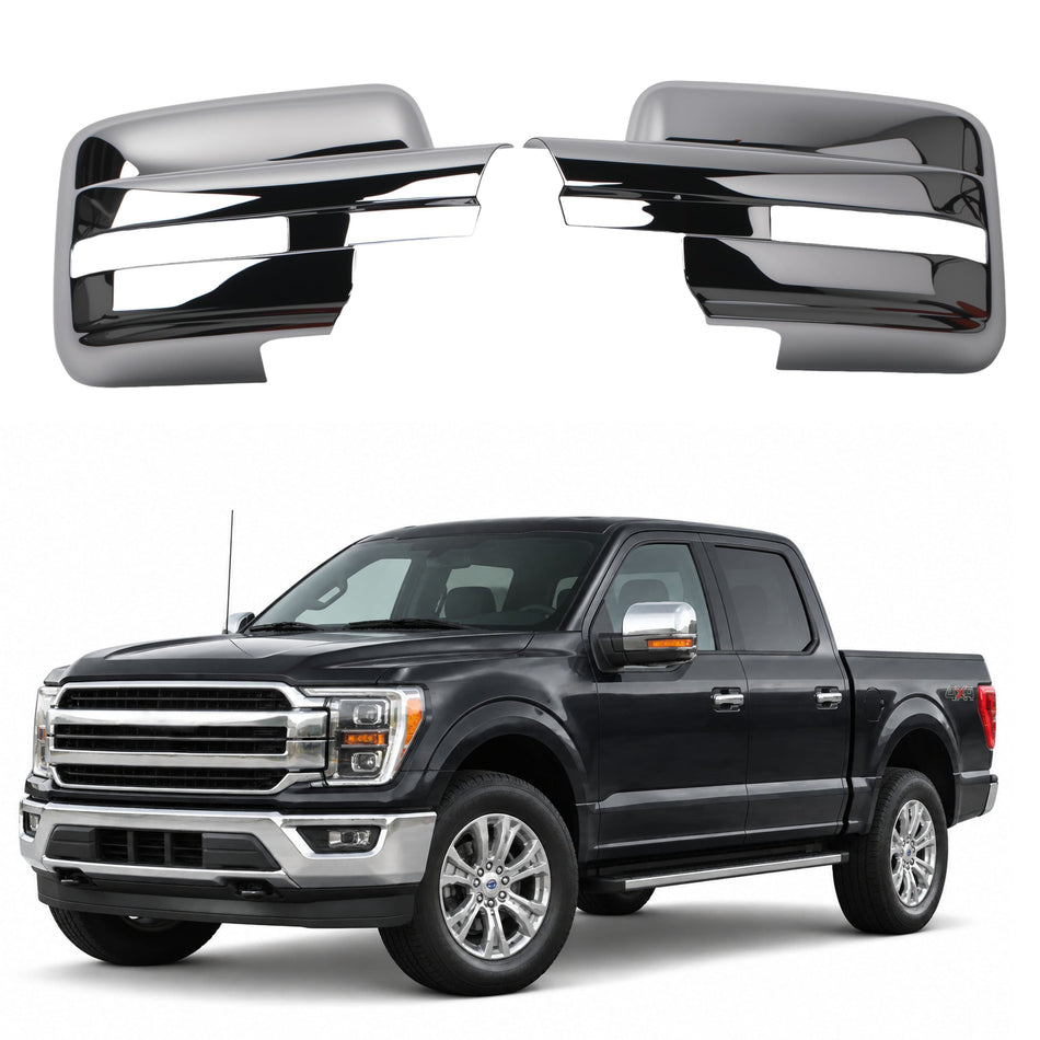 Chrome mirror cover set for 2009-2014 Ford F-150, glossy trim pair