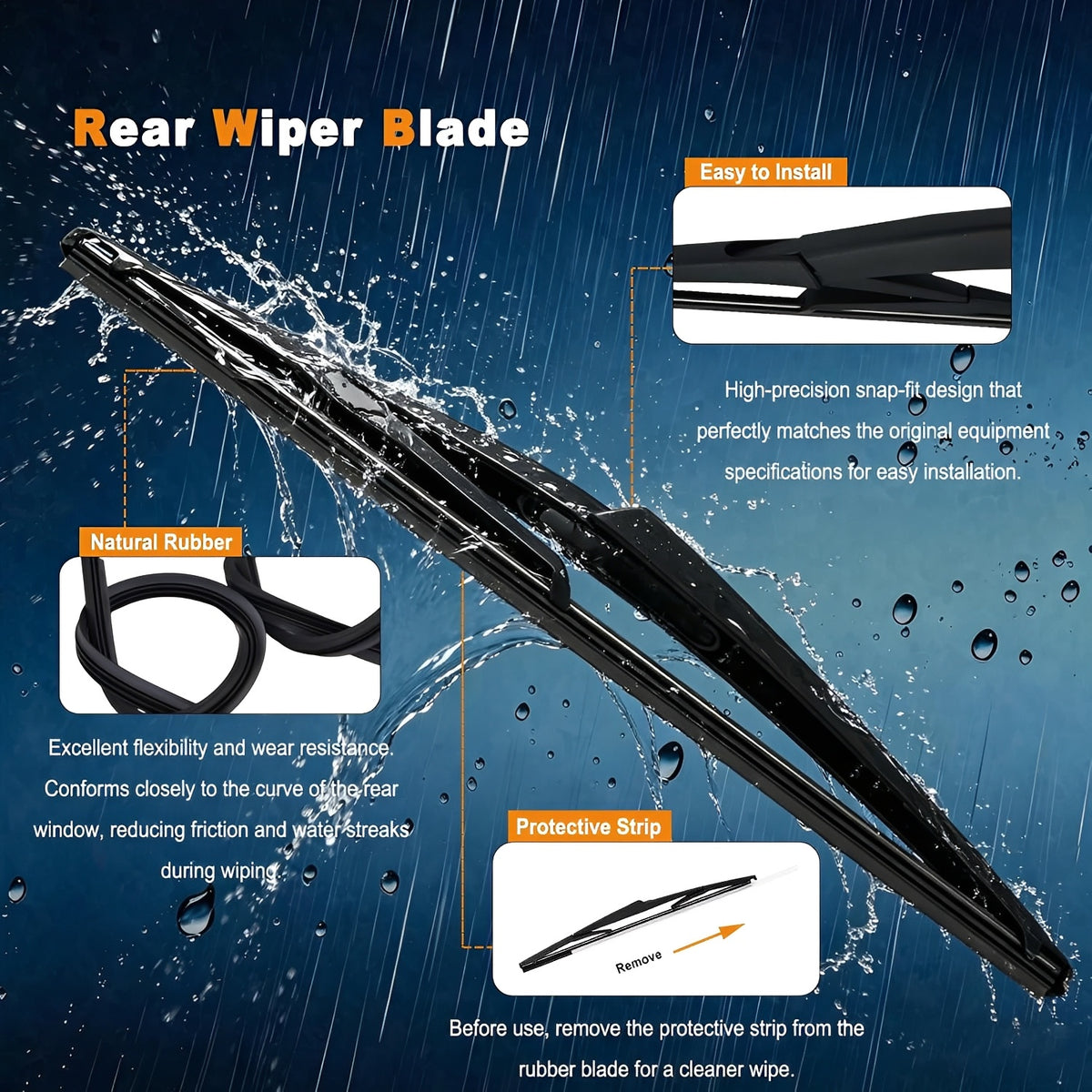 Black rear wiper blade with rubber squeegee and aerodynamic beam for rear glass