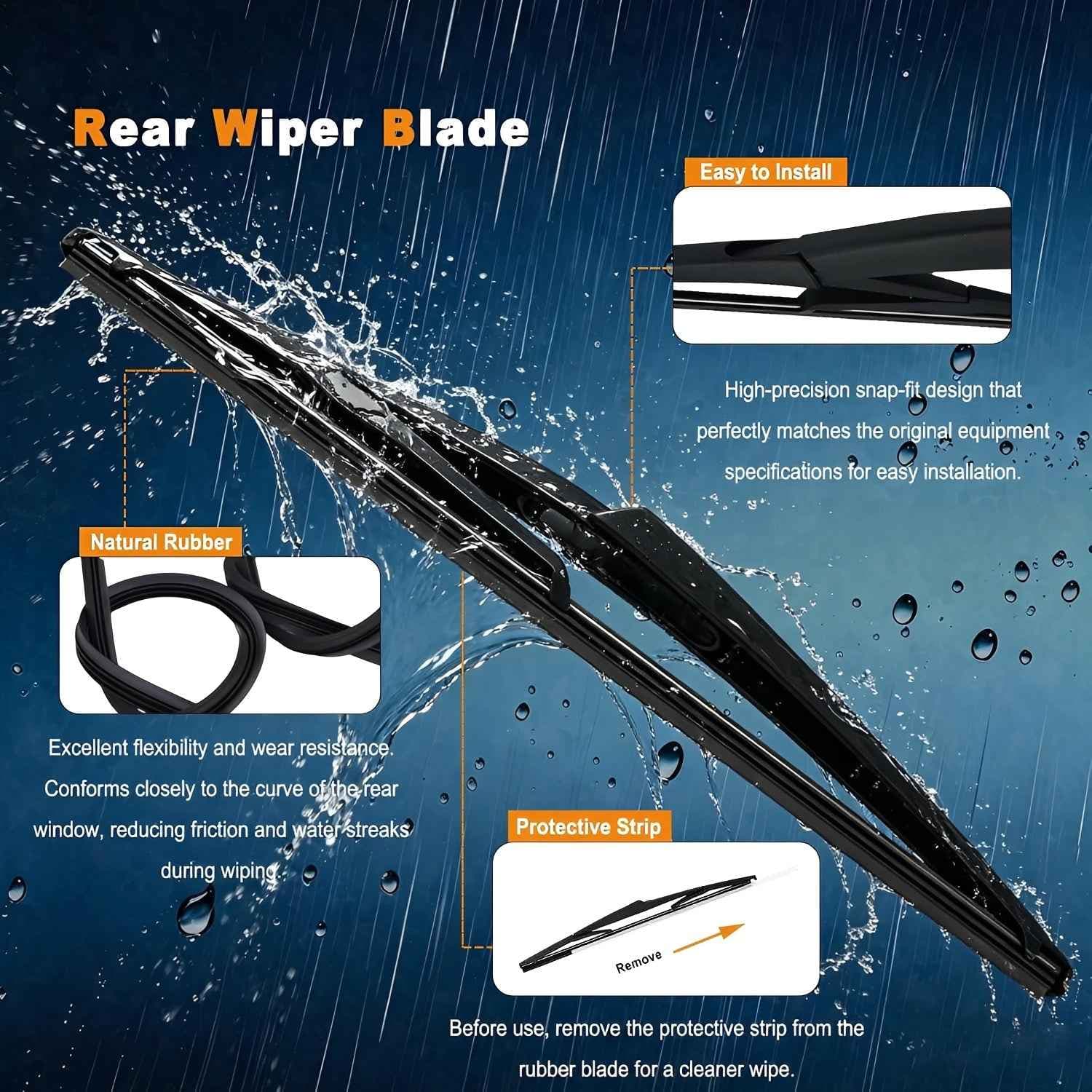 Rear wiper blade with black frame and rubber strip detail