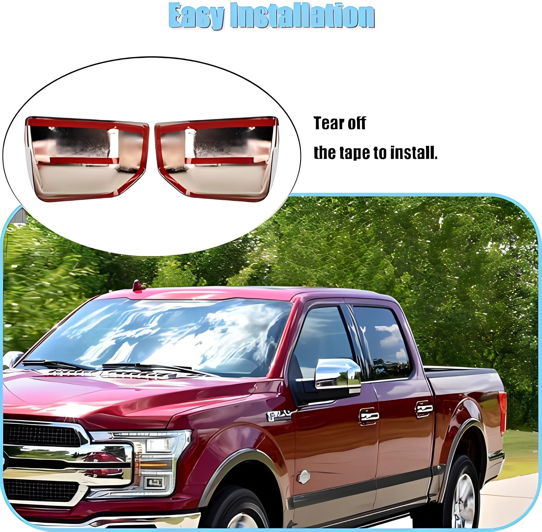 Chrome mirror covers on a pickup with installation step graphic