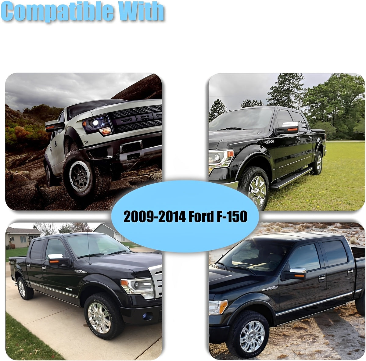 Chrome mirror cover caps with glossy black trim, shown on a Ford F-150-style truck.