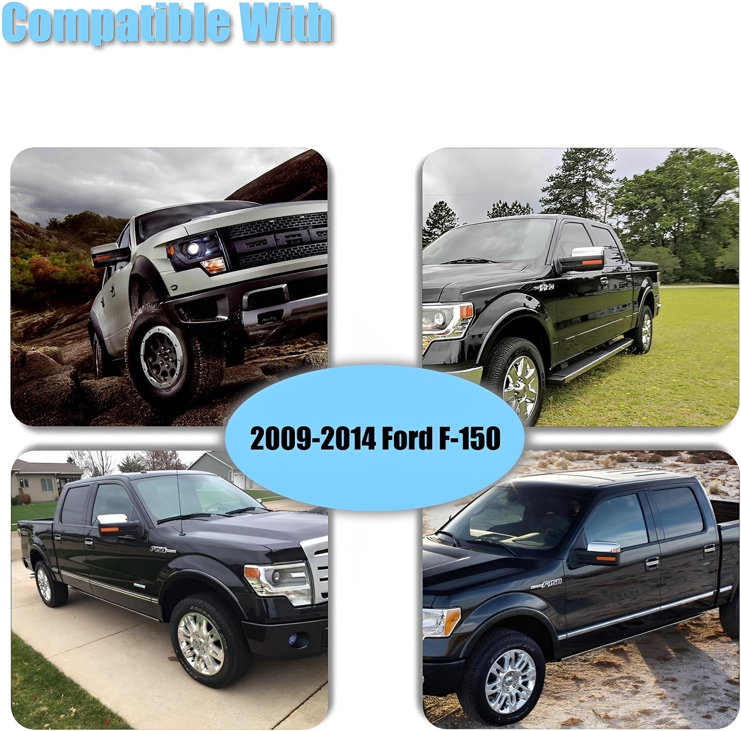 Chrome mirror cover caps with glossy black trim, shown on a Ford F-150-style truck.