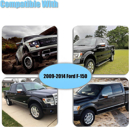 Chrome mirror cover caps with glossy black trim, shown on a Ford F-150-style truck.