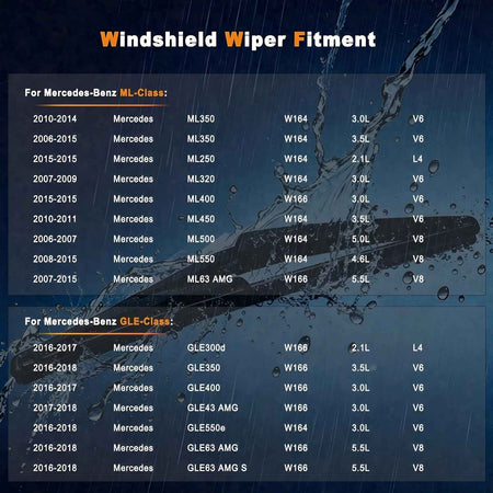 Rear wiper arm fitment chart for Mercedes ML and GLE models